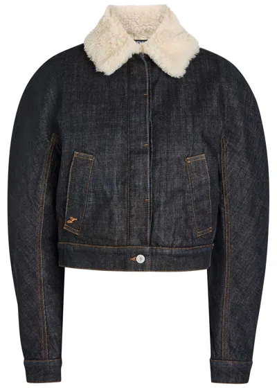 Jacquemus Le Bomber De-nimes Ovalo Blue Jacket With Fur Collar And Two Front Welt Pockets In Denim Woman In Blue