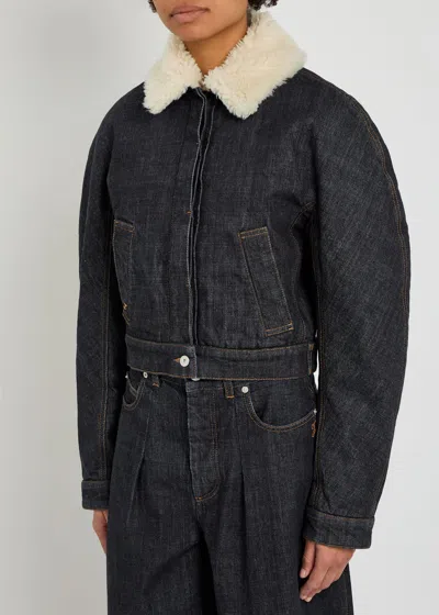 Jacquemus Le Bomber De-nimes Ovalo Blue Jacket With Fur Collar And Two Front Welt Pockets In Denim Woman In Blue