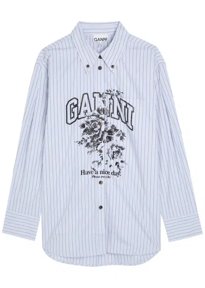 Ganni Striped Cotton Shirt With Print In Purple