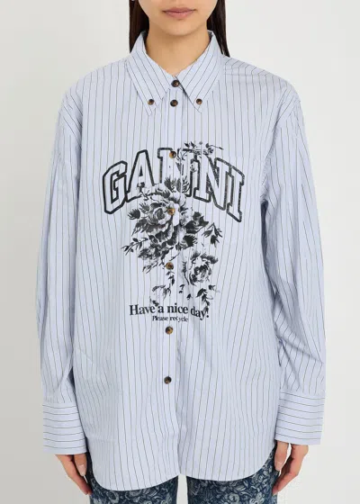 Ganni Striped Cotton Shirt With Print In Purple