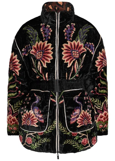 Farm Rio Padded Velvet Jacket With Floral And Bird Embroidery In Black