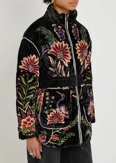 Farm Rio Padded Velvet Jacket With Floral And Bird Embroidery In Black