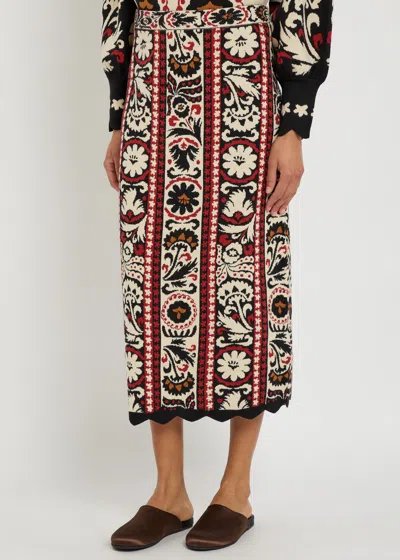 Farm Rio Embroidered Midi Skirt With Scalloped Hem In Brown