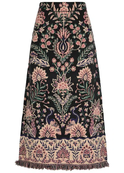 Farm Rio Intricately Patterned Midi Skirt With Fringe Trim In Brown