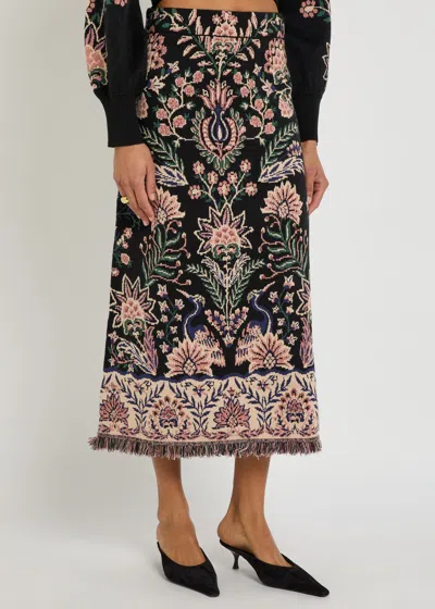 Farm Rio Intricately Patterned Midi Skirt With Fringe Trim In Brown