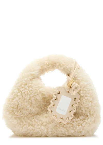 Ganni Mini Shearling Hobo Bag In Neutral