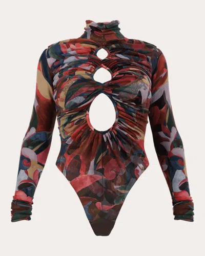 Andrea Iyamah Women's Salle Printed Mesh Gathered Cutout Bodysuit Polyester/mesh/spandex In Multi
