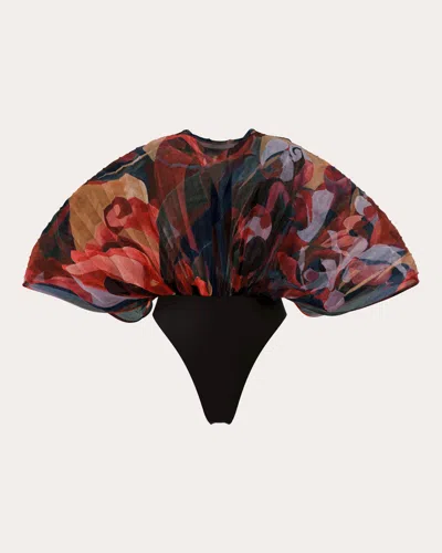 Andrea Iyamah Women's Sombra Printed Pleated Sheer Organza Bodysuit Nylon/polyester/spandex In Multi