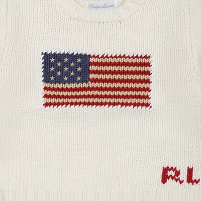 Ralph Lauren Ivory Sweater For Baby Boy With Flag In White