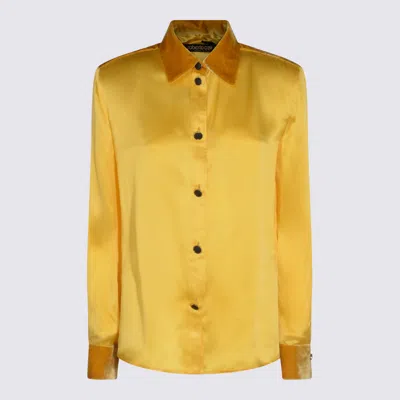 Roberto Cavalli Long Sleeve Satin Top With Velvet Collar And Cuffs In Yellow