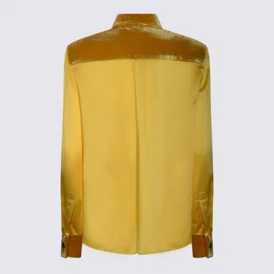 Roberto Cavalli Long Sleeve Satin Top With Velvet Collar And Cuffs In Yellow