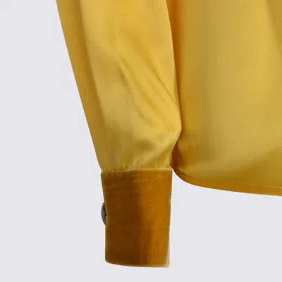 Roberto Cavalli Long Sleeve Satin Top With Velvet Collar And Cuffs In Yellow