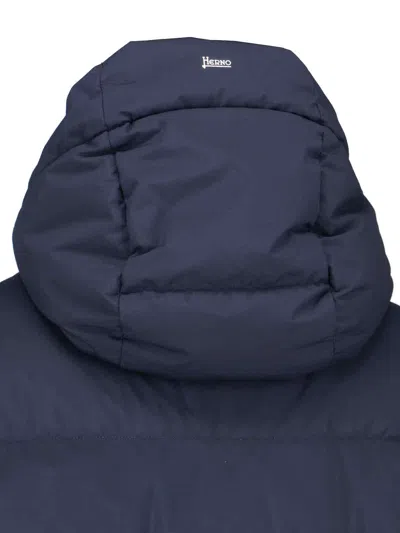 Herno Long Quilted Jacket With Hood And Pockets In Blue