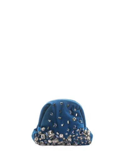 Maria La Rosa Pepita Velvet Clutch Bag With Hand-embroidered Stones In Blue