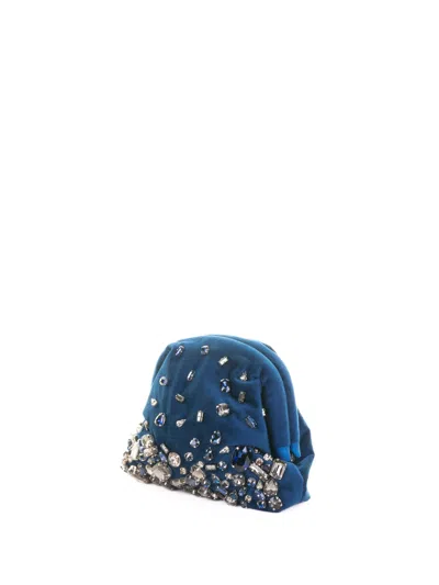 Maria La Rosa Pepita Velvet Clutch Bag With Hand-embroidered Stones In Blue