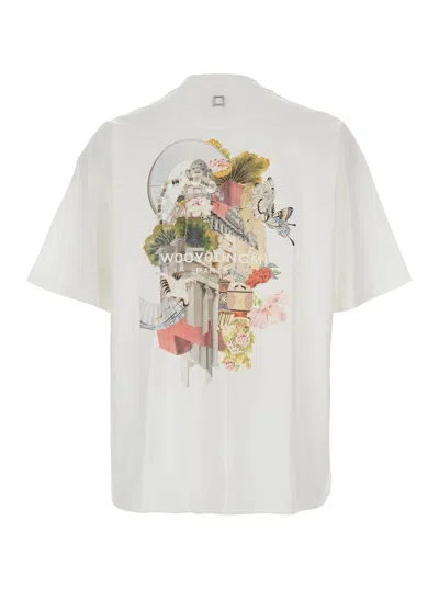 Wooyoungmi White Crewneck T-shirt With Logo Patch On The Front And Floral Motif On The Rear In Cotton Man In White