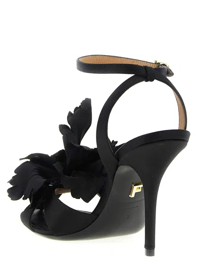 Ferragamo Black Satin Flower Sandals In Black