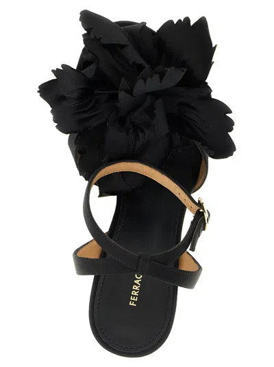 Ferragamo Black Satin Flower Sandals In Black