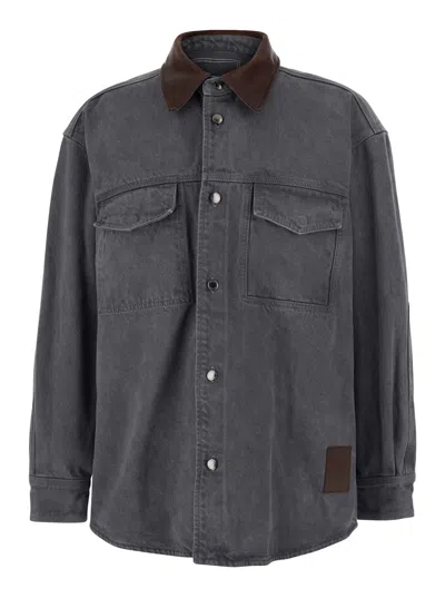 Wooyoungmi Grey Shirt With Patch Pockets On The Chest And Back Print In Denim Man In Gray