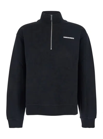 Dsquared2 Men Black High Neck Sweatshirt With Lettering Logo On The Front In Cotton Man In Black