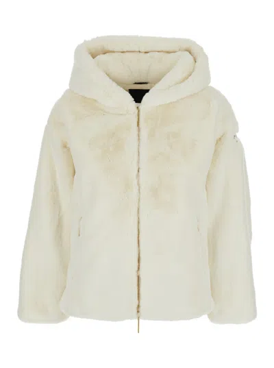 Tatras Yumola White Jacket With Drawstring Hood And Logo Patch On The Sleeve In Ecofur Woman In White