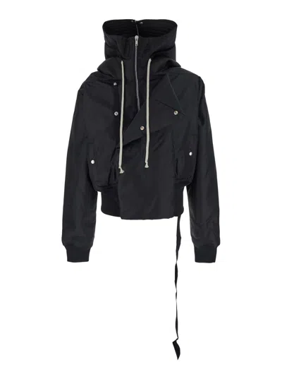 Drkshdw Alice Black Jacket With Oversized Hood And Asymmetrical Flap In Tech Fabric Man In Black