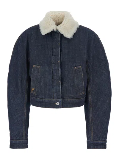 Jacquemus Le Bomber De-nimes Ovalo Blue Jacket With Fur Collar And Two Front Welt Pockets In Denim Woman In Blue