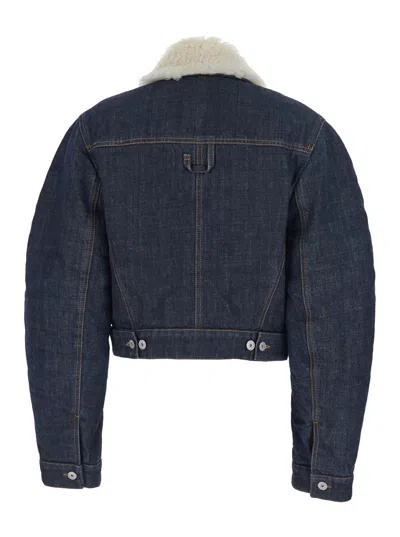 Jacquemus Le Bomber De-nimes Ovalo Blue Jacket With Fur Collar And Two Front Welt Pockets In Denim Woman In Blue