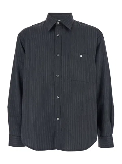 Tonywack Grey Pinstriped Shirt With Pointed Collar In Wool Blend Man In Blue