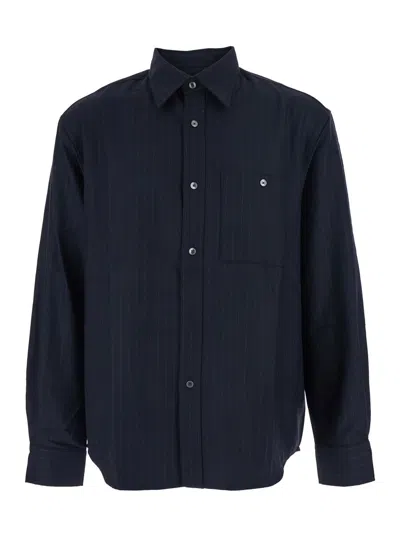 Tonywack Blue Pinstriped Shirt With Pointed Collar In Wool Blend Man In Blue
