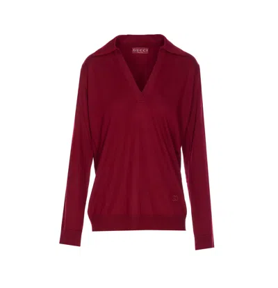 Gucci Women Ultrafine Wool Polo Shirt In Burgundy