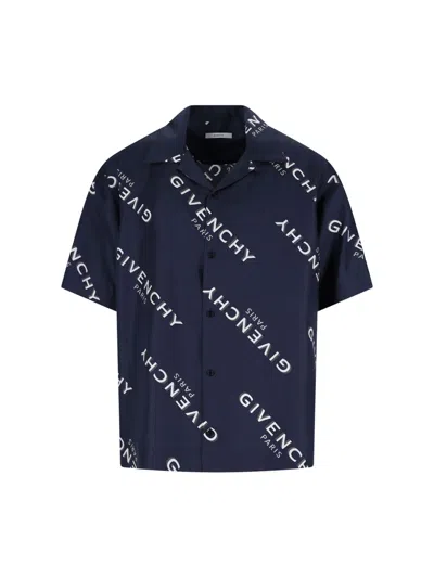Givenchy Convertible-collar Logo-print Silk-twill Shirt In Blue