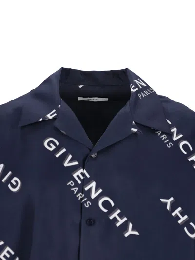 Givenchy Convertible-collar Logo-print Silk-twill Shirt In Blue