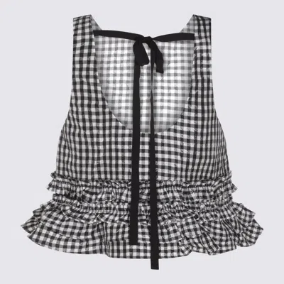 Ganni Crinkled Taffeta Check Open Back Frill Top In Black