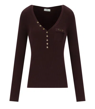 Elisabetta Franchi Fitted Ribbed Knit Top With Decorative Buttons And Gold Accent In Red