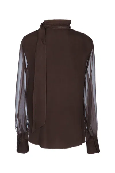 Brunello Cucinelli Sheer Long Sleeve Top With Tie Neck In Multi