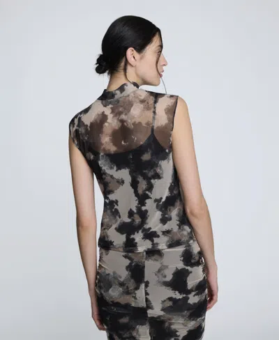Kenneth Cole Print Side Ruched Sleeveless Top In Black