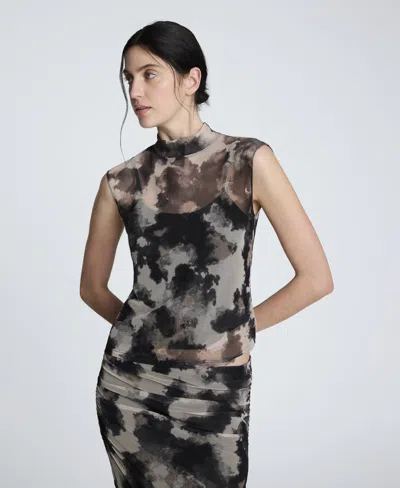 Kenneth Cole Print Side Ruched Sleeveless Top In Black
