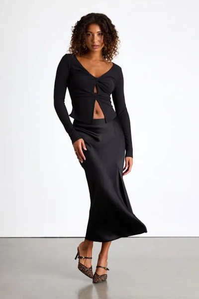 Lulus Lumirah Black Ribbed Knot-front Cutout Long Sleeve Top In Black