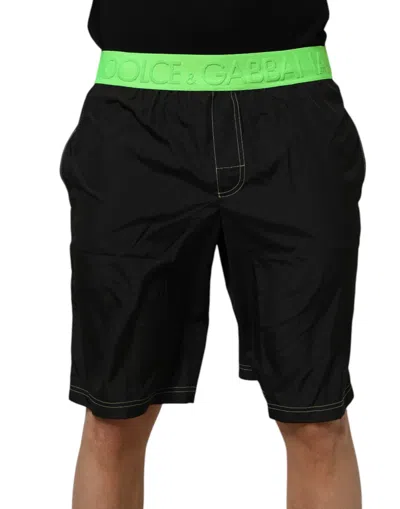 Dolce & Gabbana Black Green Logo Waistband Beachwear Short Swimwear In Multi