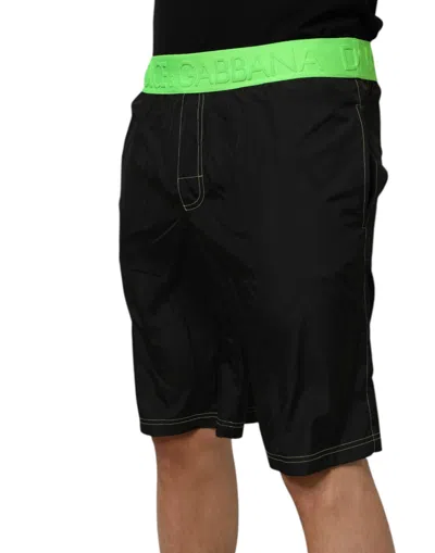 Dolce & Gabbana Black Green Logo Waistband Beachwear Short Swimwear In Multi