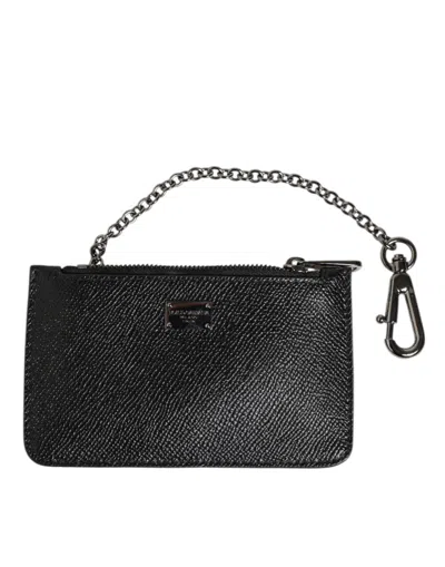 Pre-owned Dolce & Gabbana Black Leather Chain Link Mens Coin Purse Key Clip Holder Men's Wallet ()