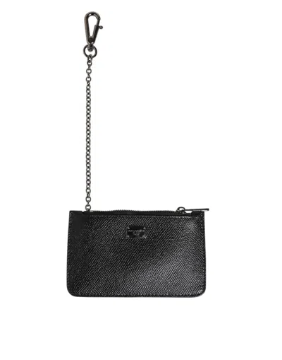 Pre-owned Dolce & Gabbana Black Leather Chain Link Mens Coin Purse Key Clip Holder Men's Wallet ()