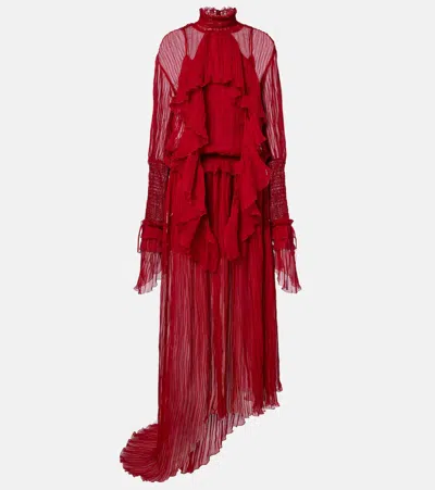 Blumarine Pleated Ruffled Silk Chiffon Gown In Red
