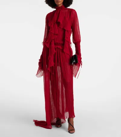Blumarine Pleated Ruffled Silk Chiffon Gown In Red