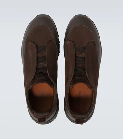 Zegna Baskets Triple Stitch Monte En Veau Velours Marron In Brown