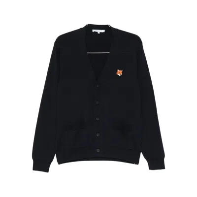 Maison Kitsuné Long Sleeve Wool Cardigan In Black