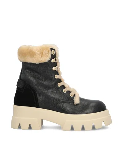 Bogner Shearling-trim Lace-up Combat Boots In Black