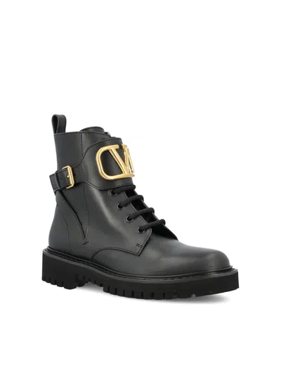 Valentino Black Calfskin Lace-up Boots In Blue