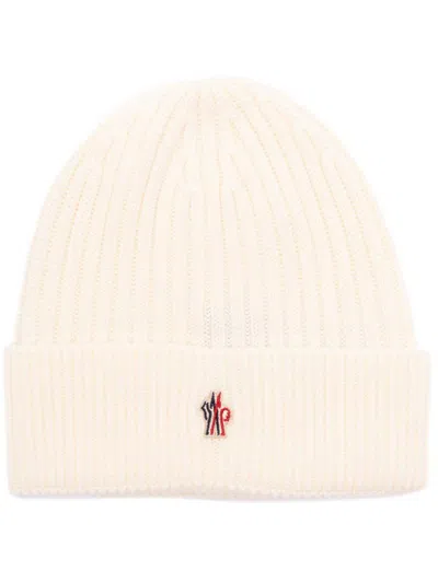 Moncler Grenoble Logo Beanie In White Soft Virgin Wool In White